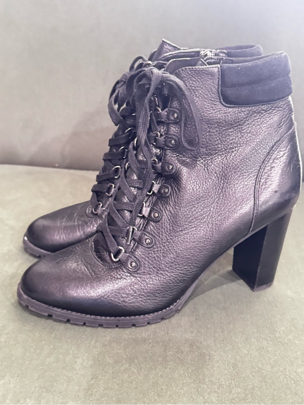 Antonio Melani Gamena Black Leather Lace Up Ankle Boots Block Heel Size 8.5M